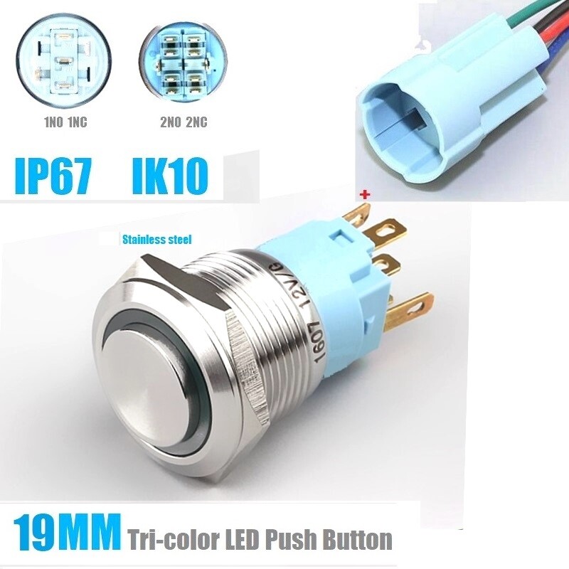 19mm Tri-color High Head+Ring LED 2NO2NC Stainless steel Anti-vandal Push button
