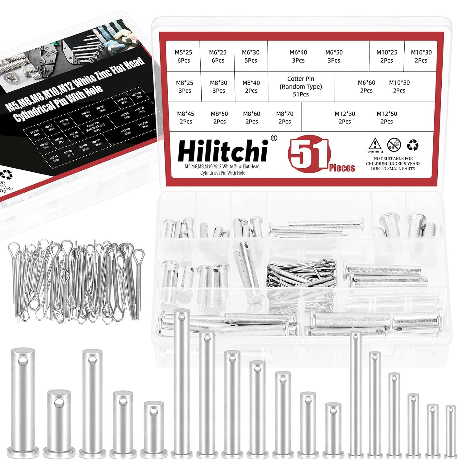 51Pcs 18Sizes M5 M6 M8 M10 M12 Clevis Pins Assortment Kit Flat Head Clevis Pins
