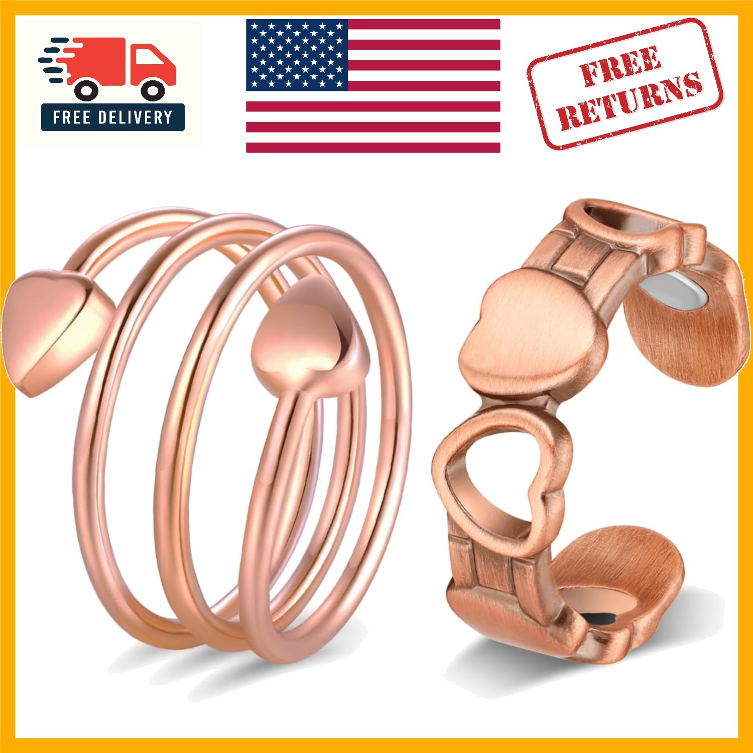 Hypoallergenic Copper Magnetic Rings - Adjustable Heart & Hollow Fashion Jewelry