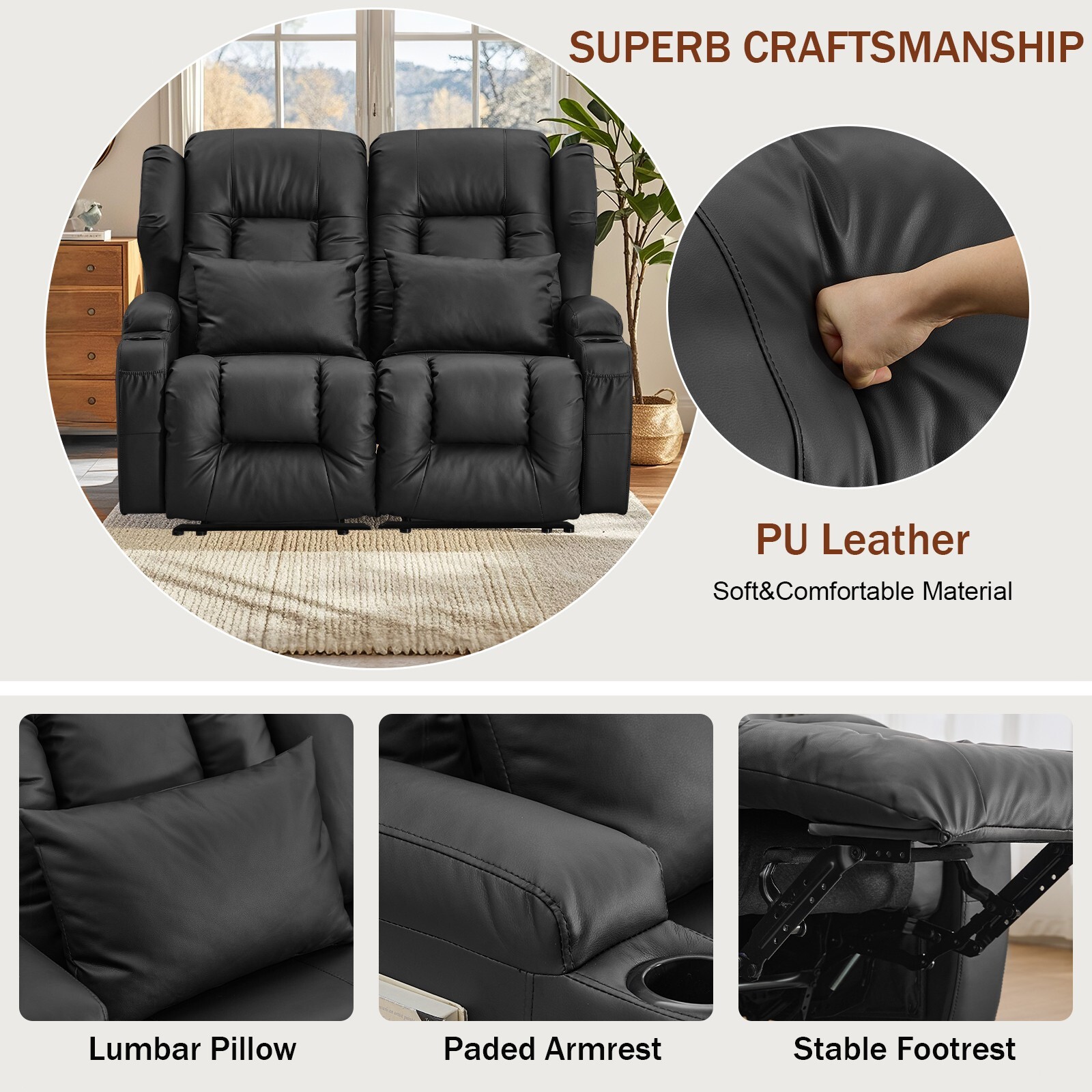 Loveseat Recliner Chair Faux Leather Modern Reclining Sofa Home Theater Seating