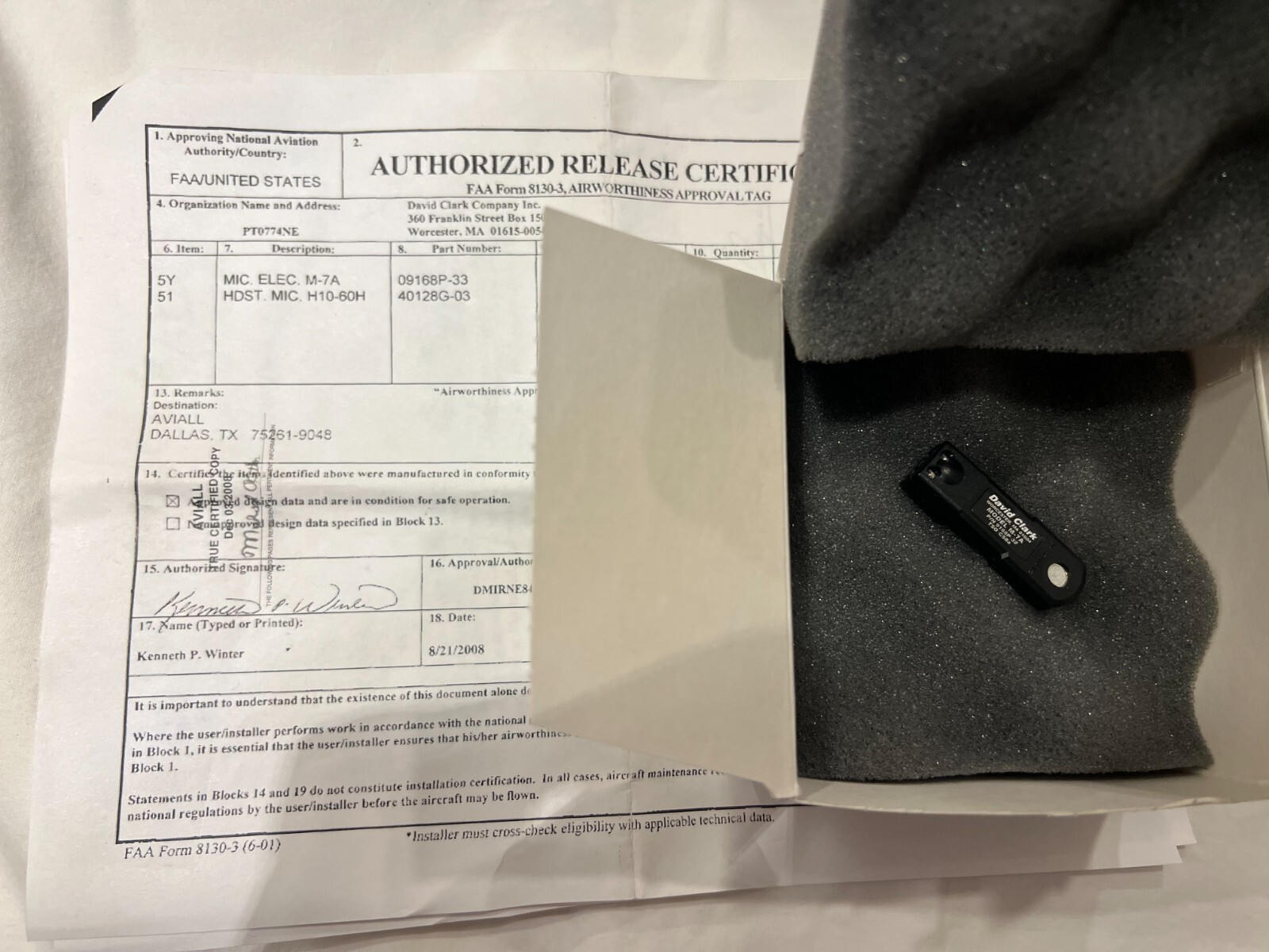 DAVID CLARK ELECTRET MICROPHONE P/N 09168P-33 with 8130