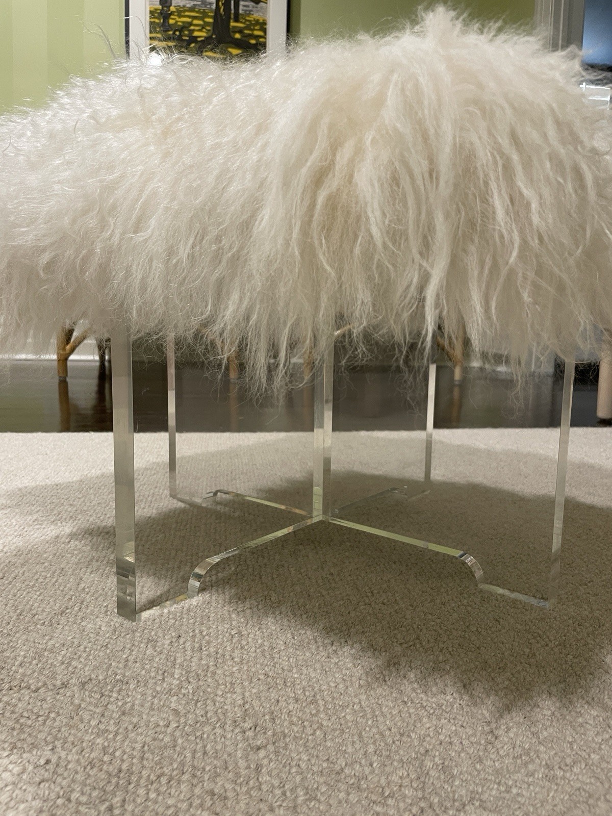 Jonathan Adler Mongolian Lamb Bench Acrylic Base Upholstered White Fur