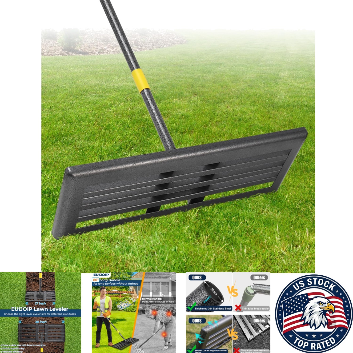 Heavy-Duty Lawn Leveling Rake 30x10in with 80in Adjustable Handle - Rustproof