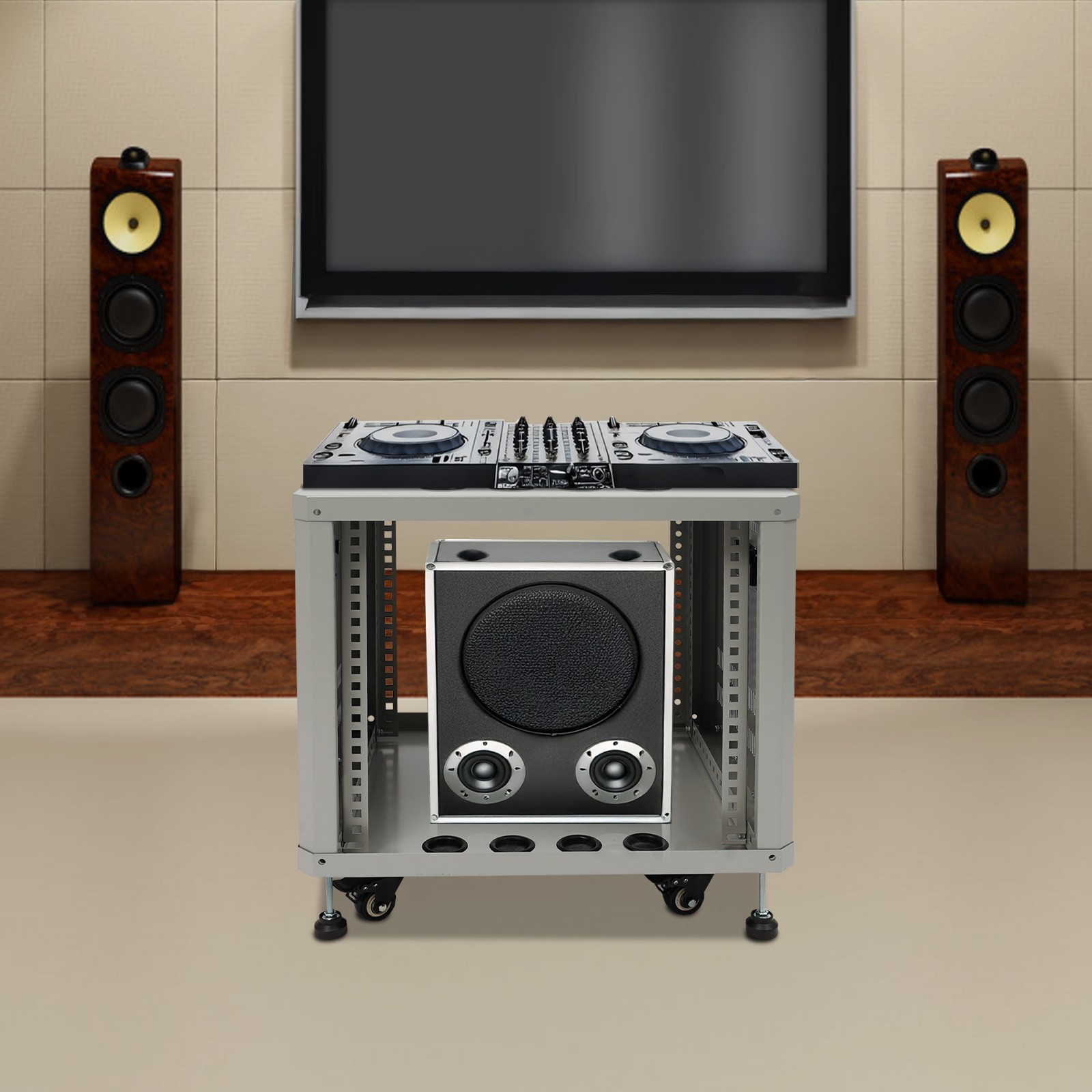 9U Server Rack Grey Semi-open Carbon Steel Rolling Studio Rack Case W/ Wheels