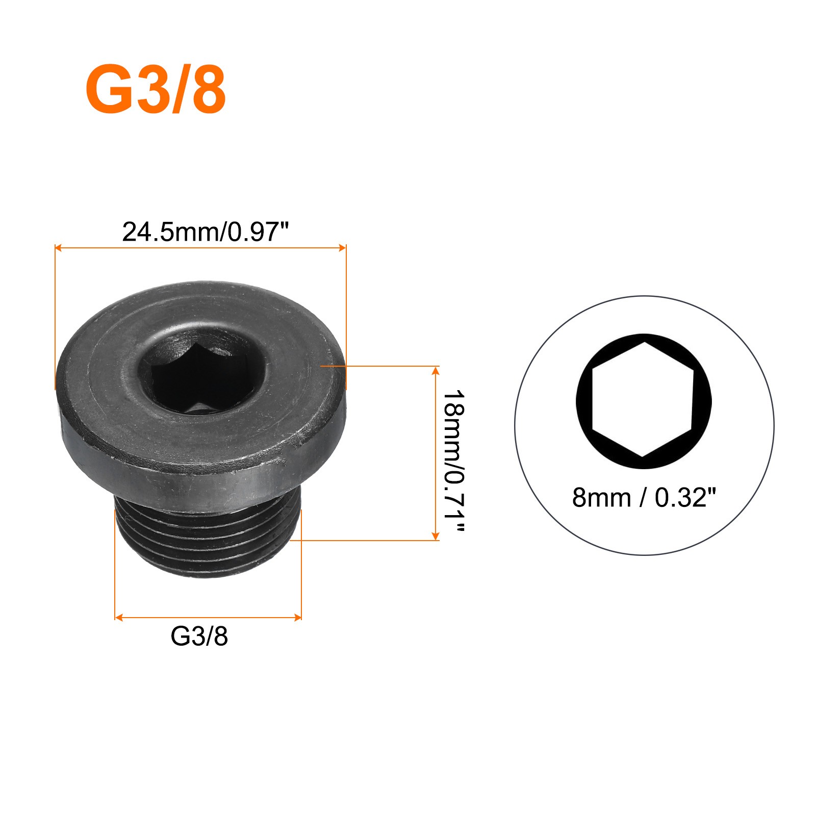 G3/8 Male Outer Head Hex Thread Socket Pipe Plug Fitting, 5Pcs, Black