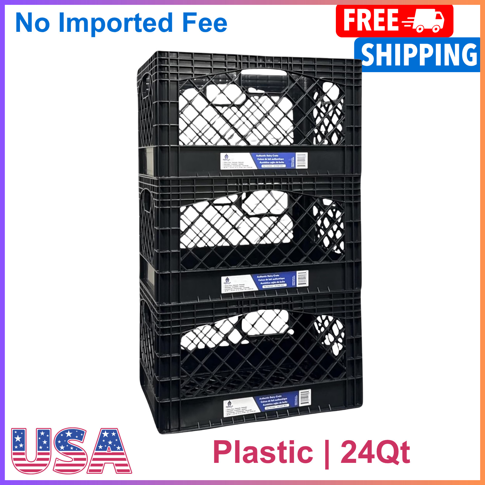 24 QT Plastic Storage Heavy-Duty Milk Crate, Black 3 Pack, Robust Construction