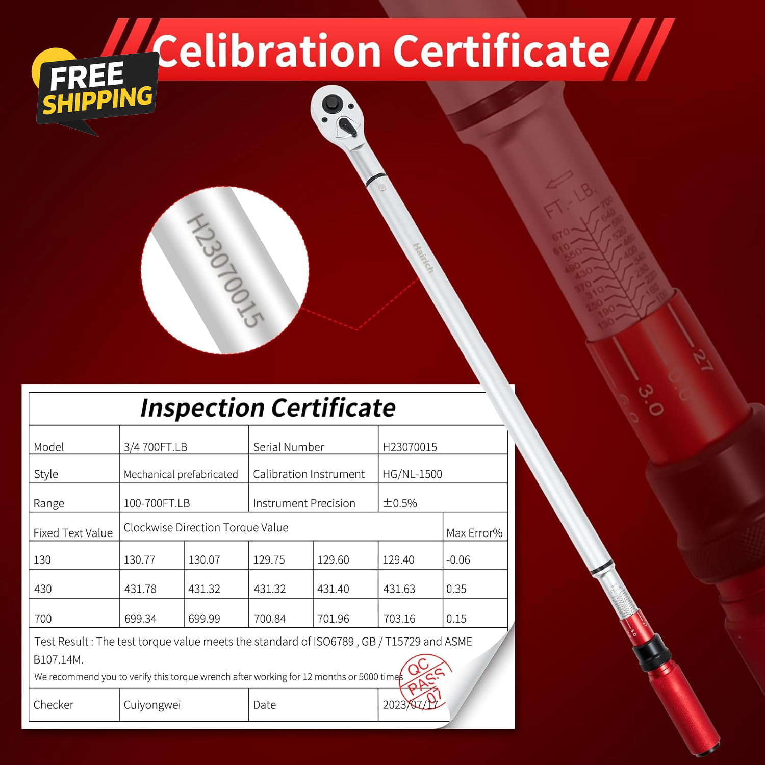 3/4" Drive Click Torque Wrench 100-700 Ft-lb Dual Direction 48 Tooth Adjustable