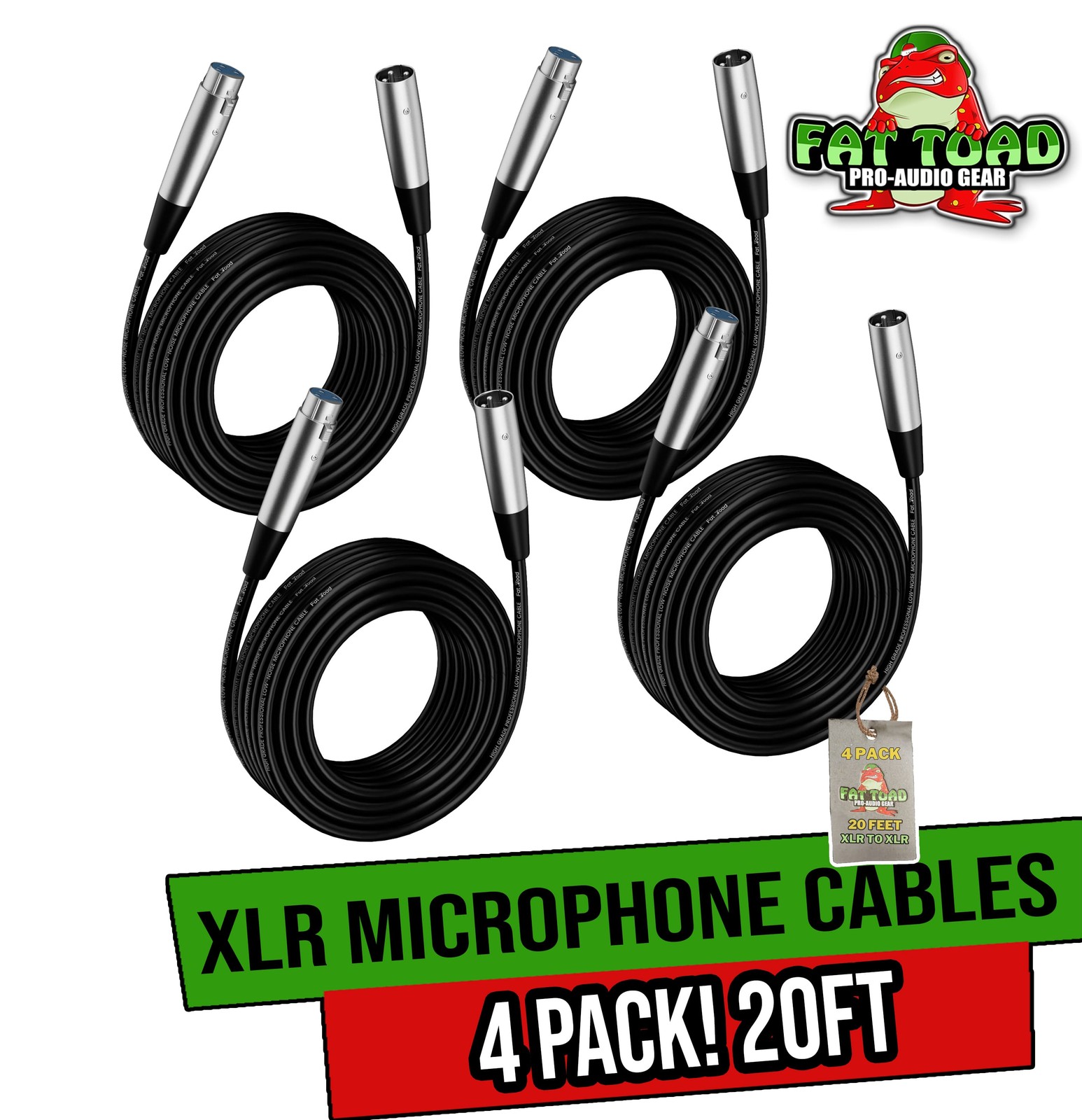 Microphone Cables by FAT TOAD | (4 Pack) 20ft Pro Audio XLR Mic Cord Patch