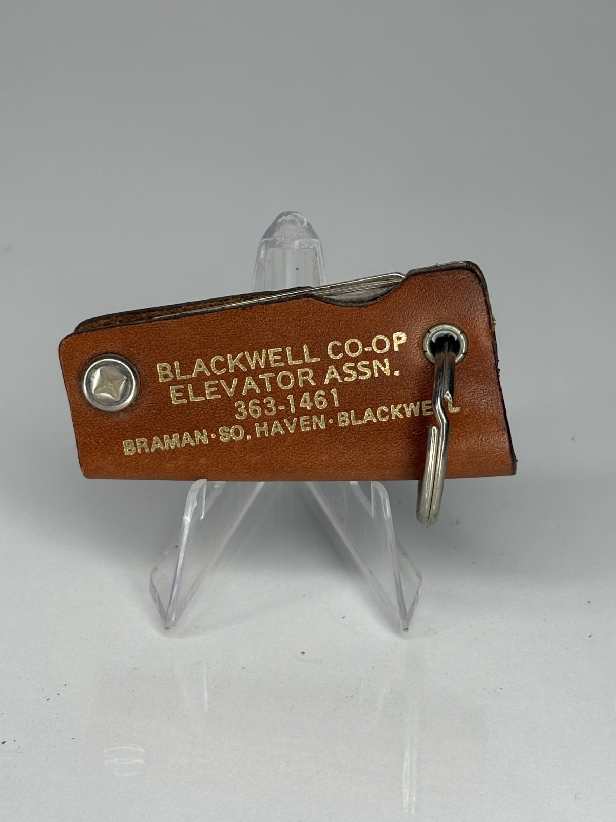 VTG LEATHER WRAPPED  POCKET KNIFE MULTI-TOOL BLADES KEYCHAIN - Advertising