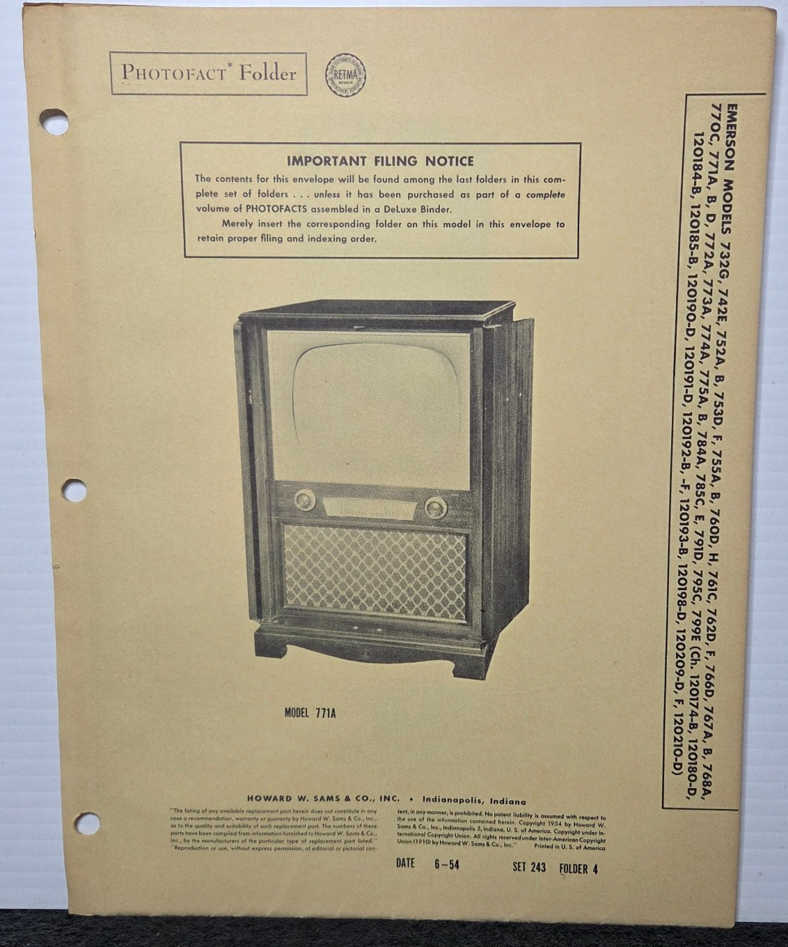 SAMS TELEVISION SERVICE MANUAL 243-4 EMERSON 732G 742E 752A 753D 755A 760D 761C