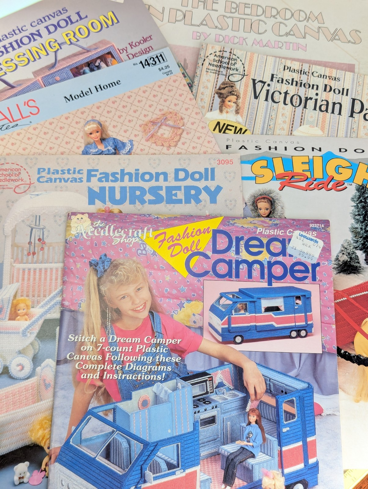 Lot of 7 Plastic Canvas Needle Craft Books & Patterns For Fashion Doll Playsets