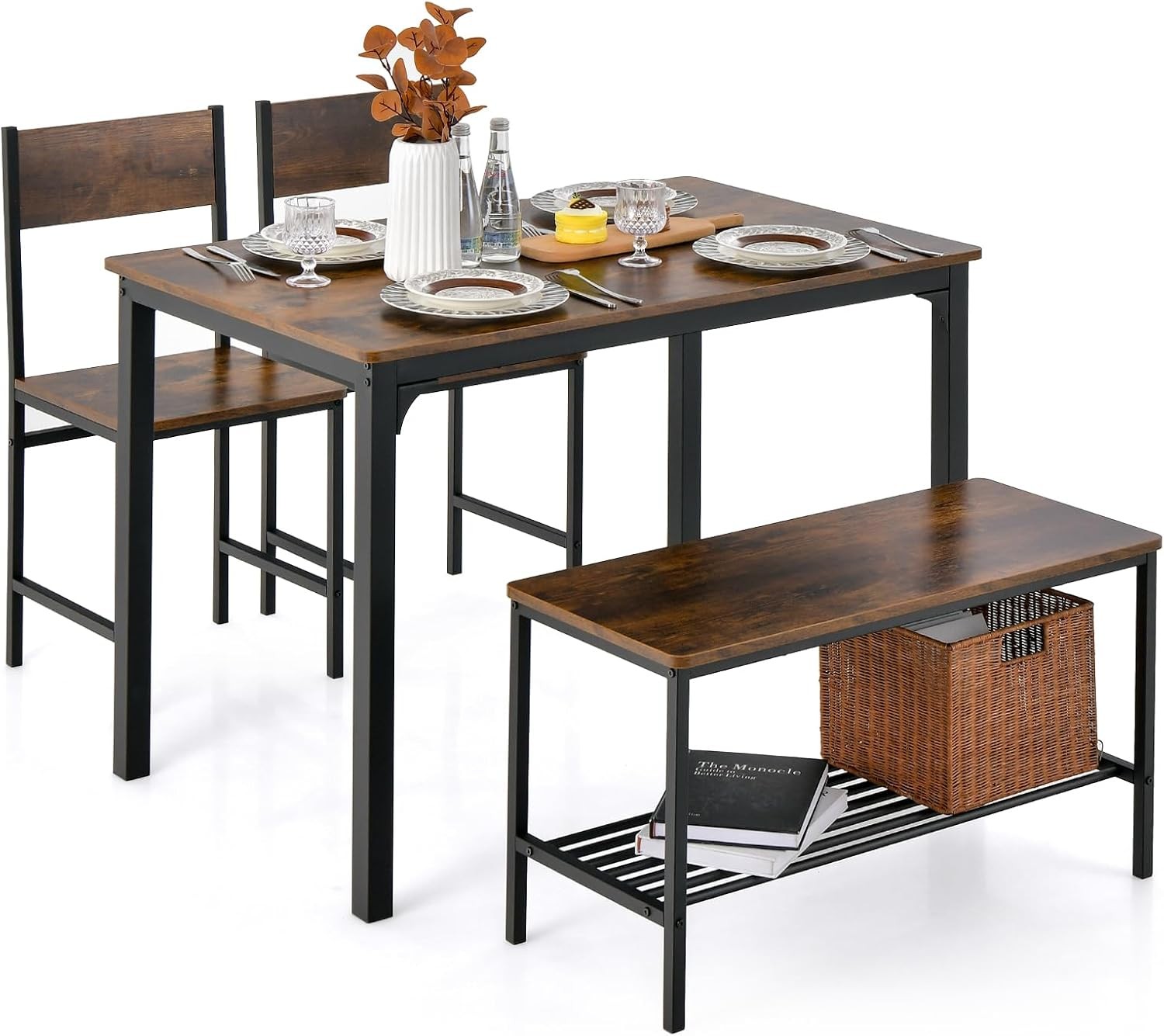 Dining Table Set for 4, Kitchen Table with Bench and Chairs, Industrial