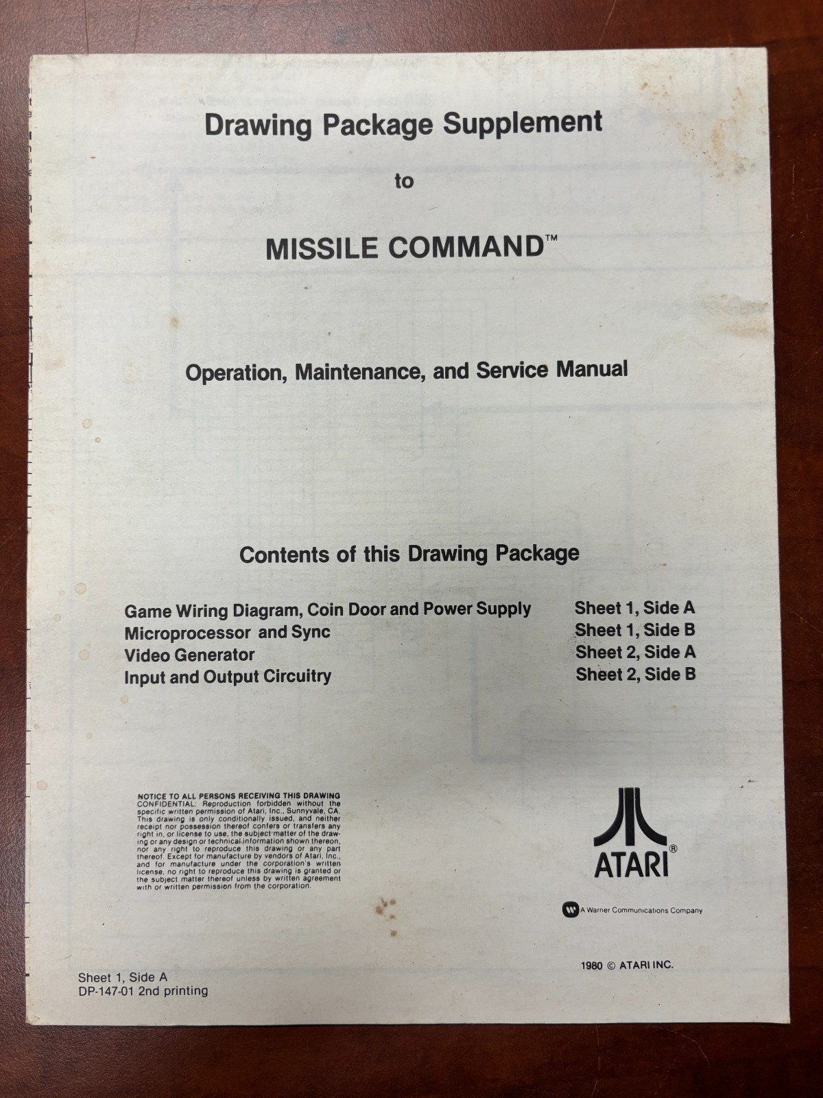 ORIGINAL-ATARI-MISSILE COMMAND-OPERATION, MAINTENANCE & SVC MANUAL-DRAWING SUPP