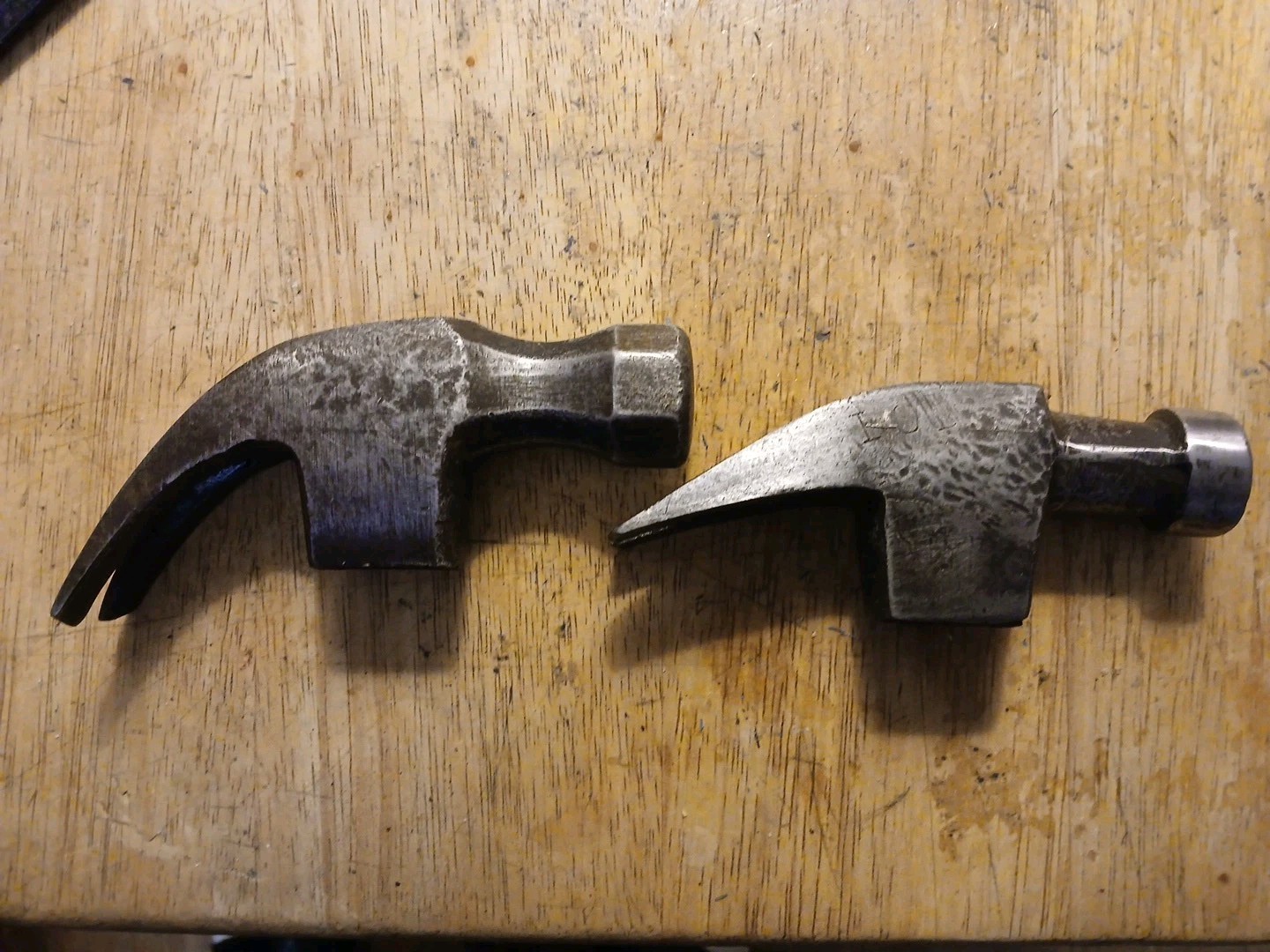2 Vintage Carpenter Claw Hammer Heads Forged Steel Straight Curved Unknown Maker
