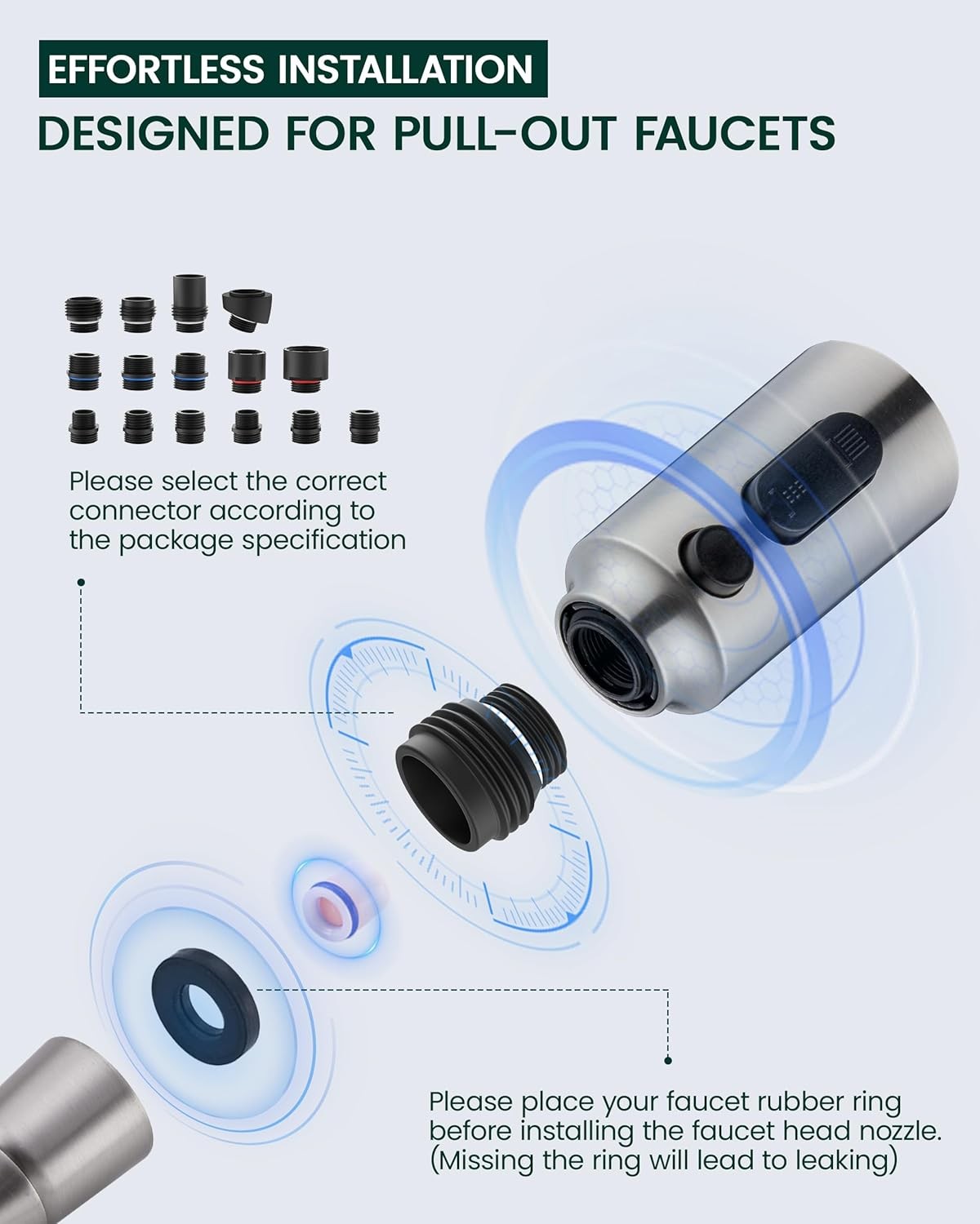 Pull Down Faucet Head Replacement with 15 Adapters, 3 Function Spray Nozzle