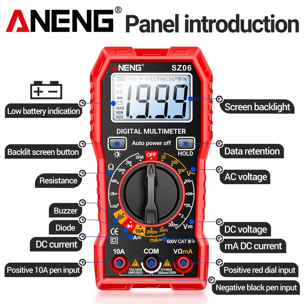 Digital Multimeter Tester AC DC Volt Ohm Amp Clamp Meter Auto Range LCD Handheld