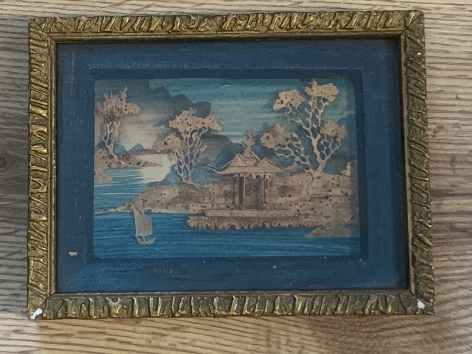 Vintage 1950s Asian Landscape Dimensional Mixed Media Art Handmade Easel Frame