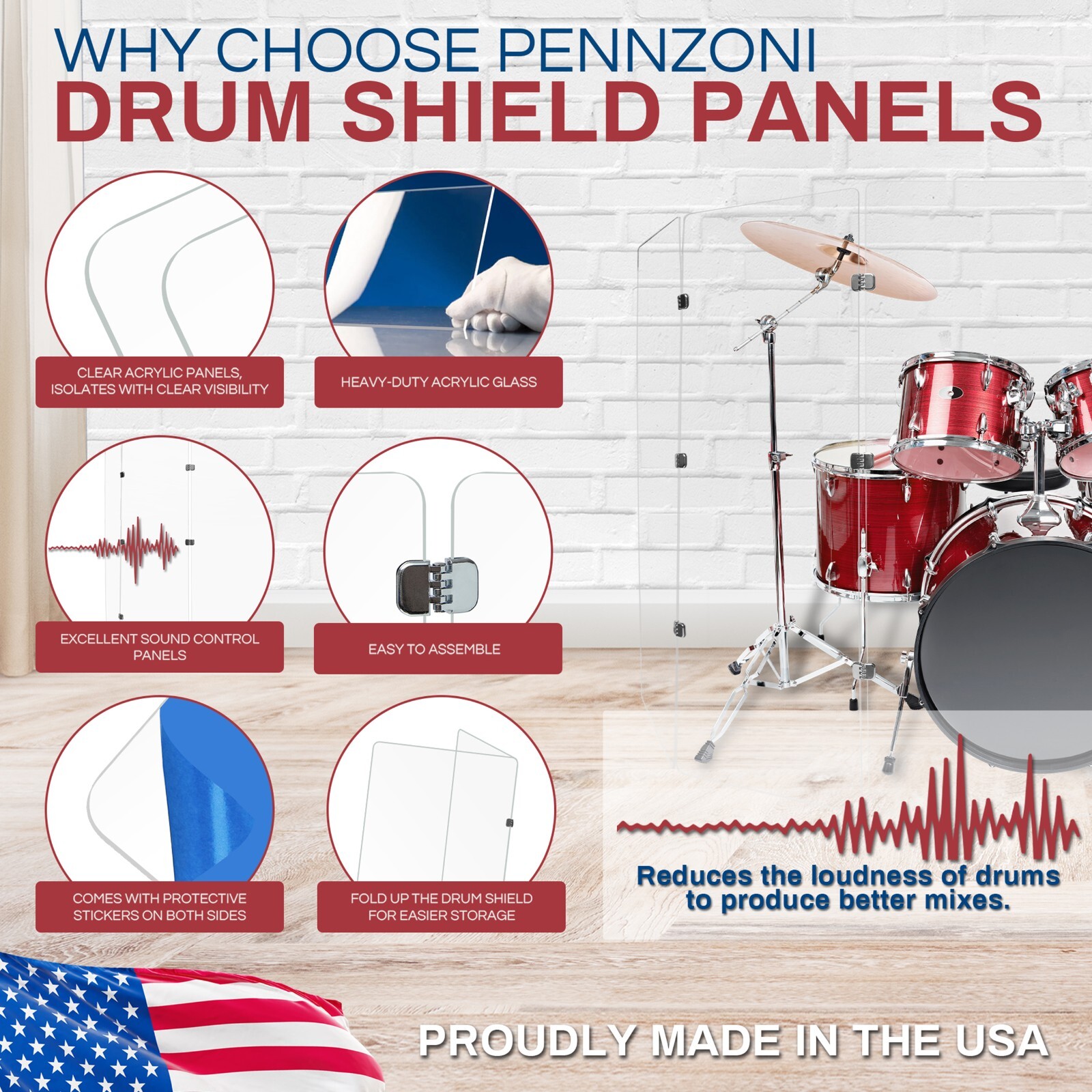Drum Shield Premium Acrylic Drum Screen - 5 Panels 2ft x 5ft with Chrome Hinges