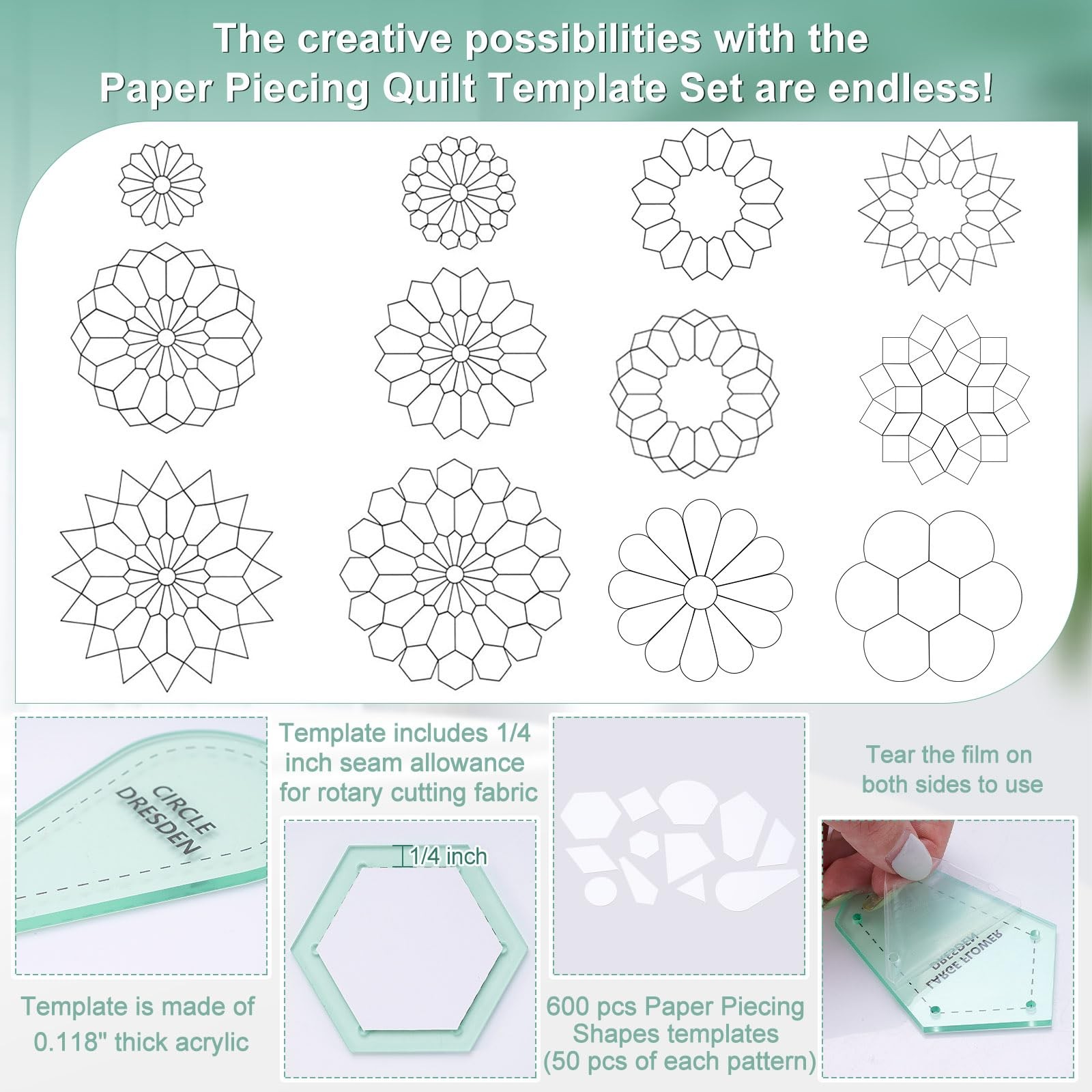 612 Pcs Patchwork Paper EPP English Piecing Supplies 12 Shapes Acrylic Templa...