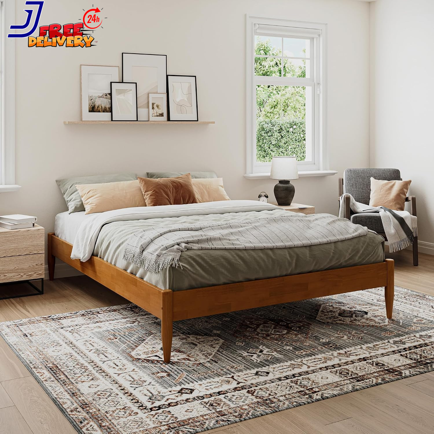 Mid Century Modern 12" Queen Platform Bed in Light Toffee Finish