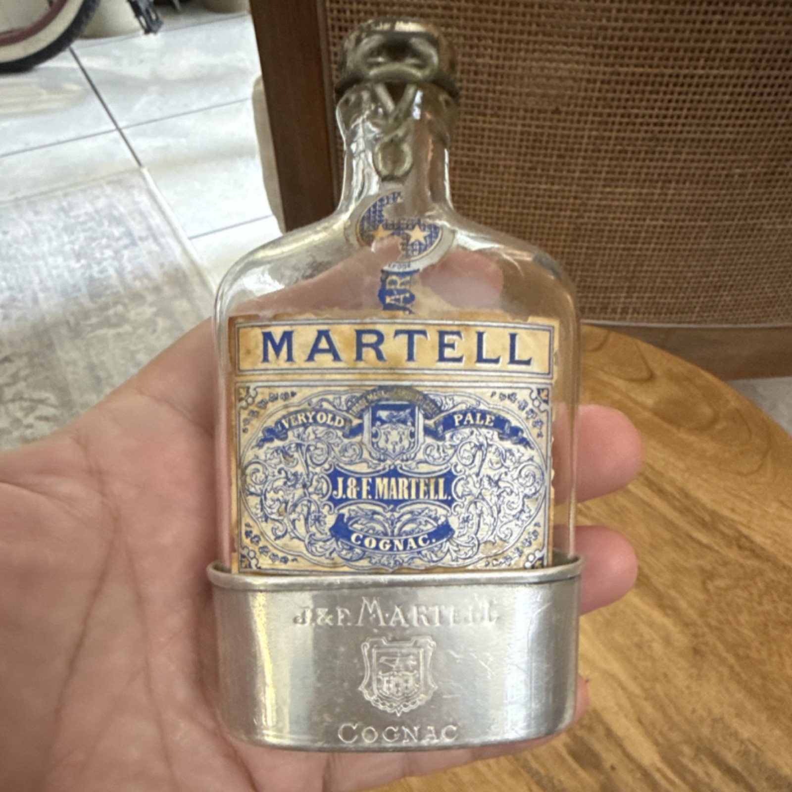 Martell Cognac Clear Glass Liquor Bottle w/ Metal Base cup J.&F. "Very Old"