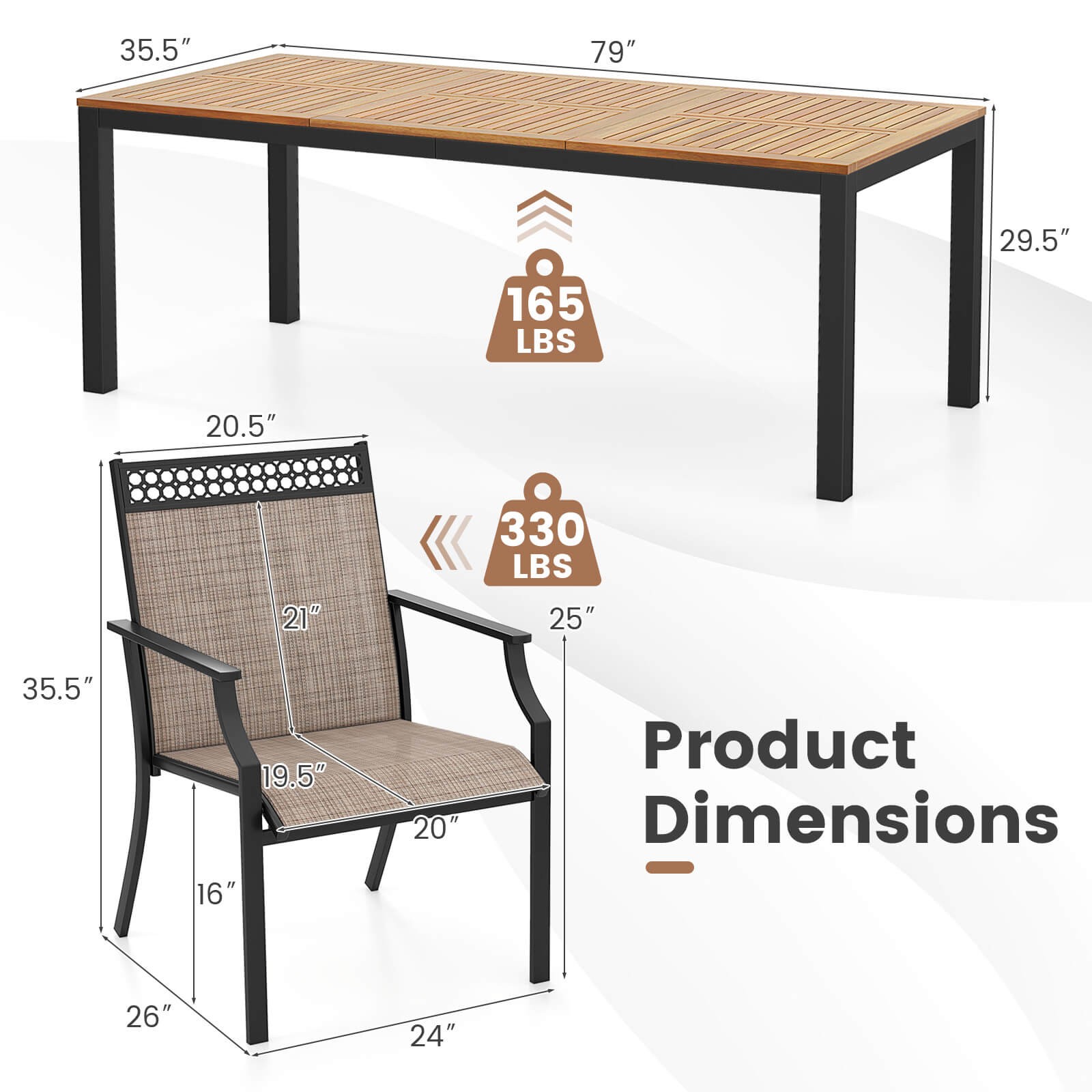 9-Piece Outdoor Patio Furniture w/ Large Wooden Tabletop & Umbrella Hole