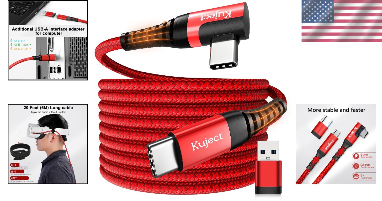 Red 20FT Data Transfer Link Cable for VR Gaming - Compatible with Quest Series