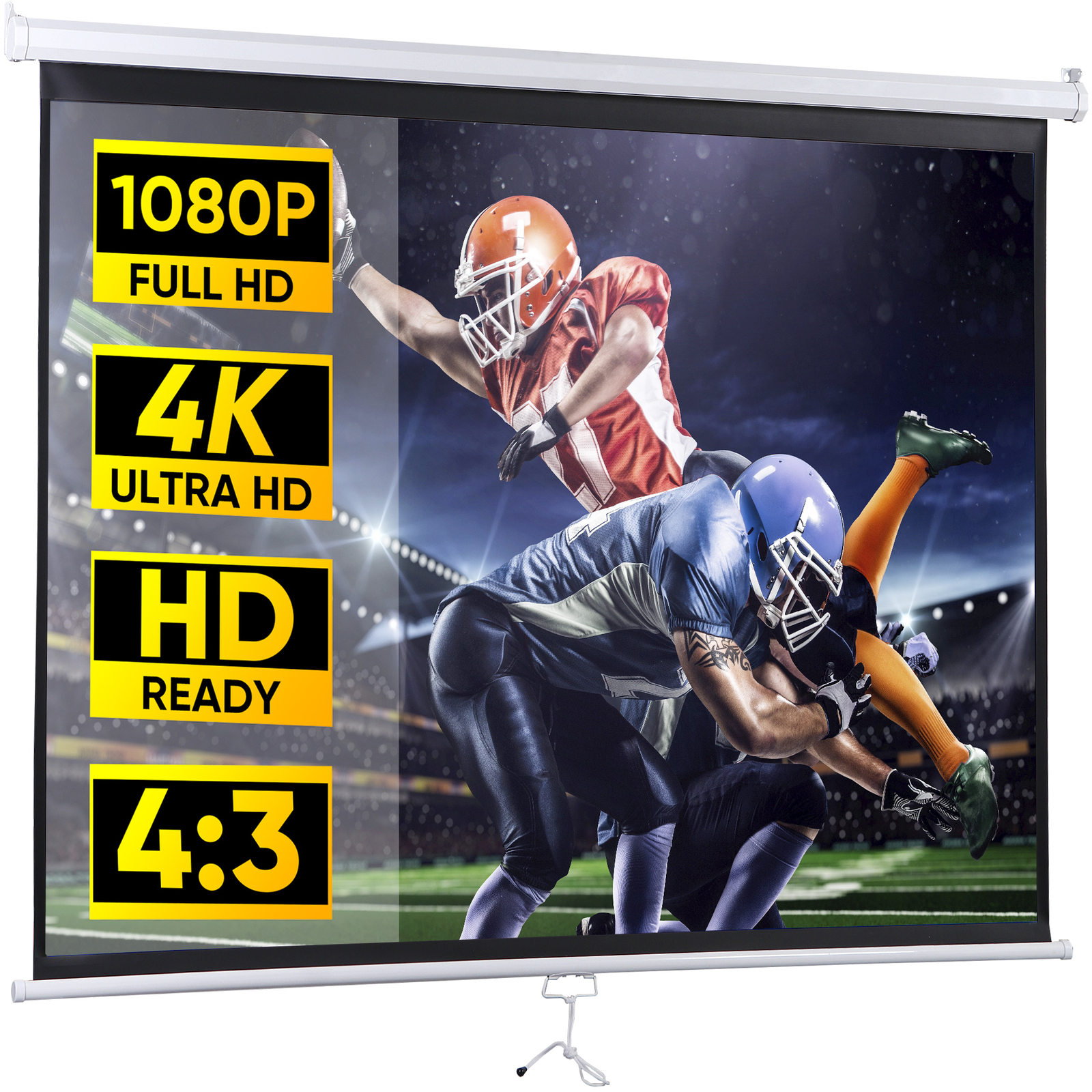 72" 4:3 HD Manual Pull Down Projector Screen Self-Locking for Home Theater White