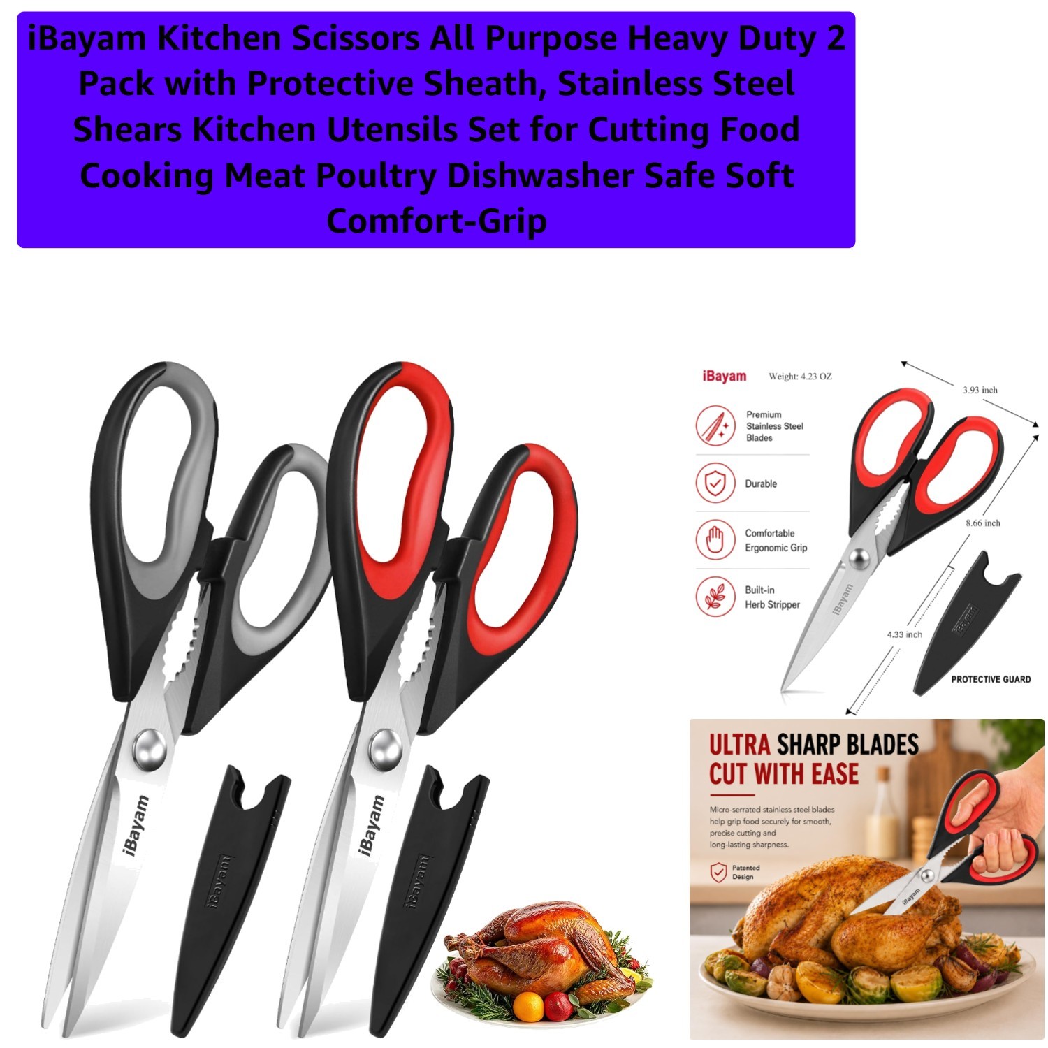 All-Purpose Heavy-Duty Kitchen Scissors - 2-Pack with Ergonomic Handles