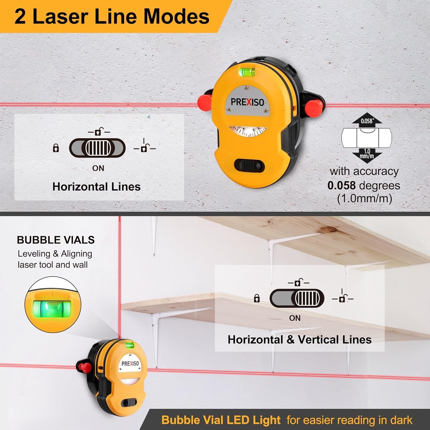 PREXISO Multi Surface Laser Level LED Light Vial 30Ft Horizontal & Vertical