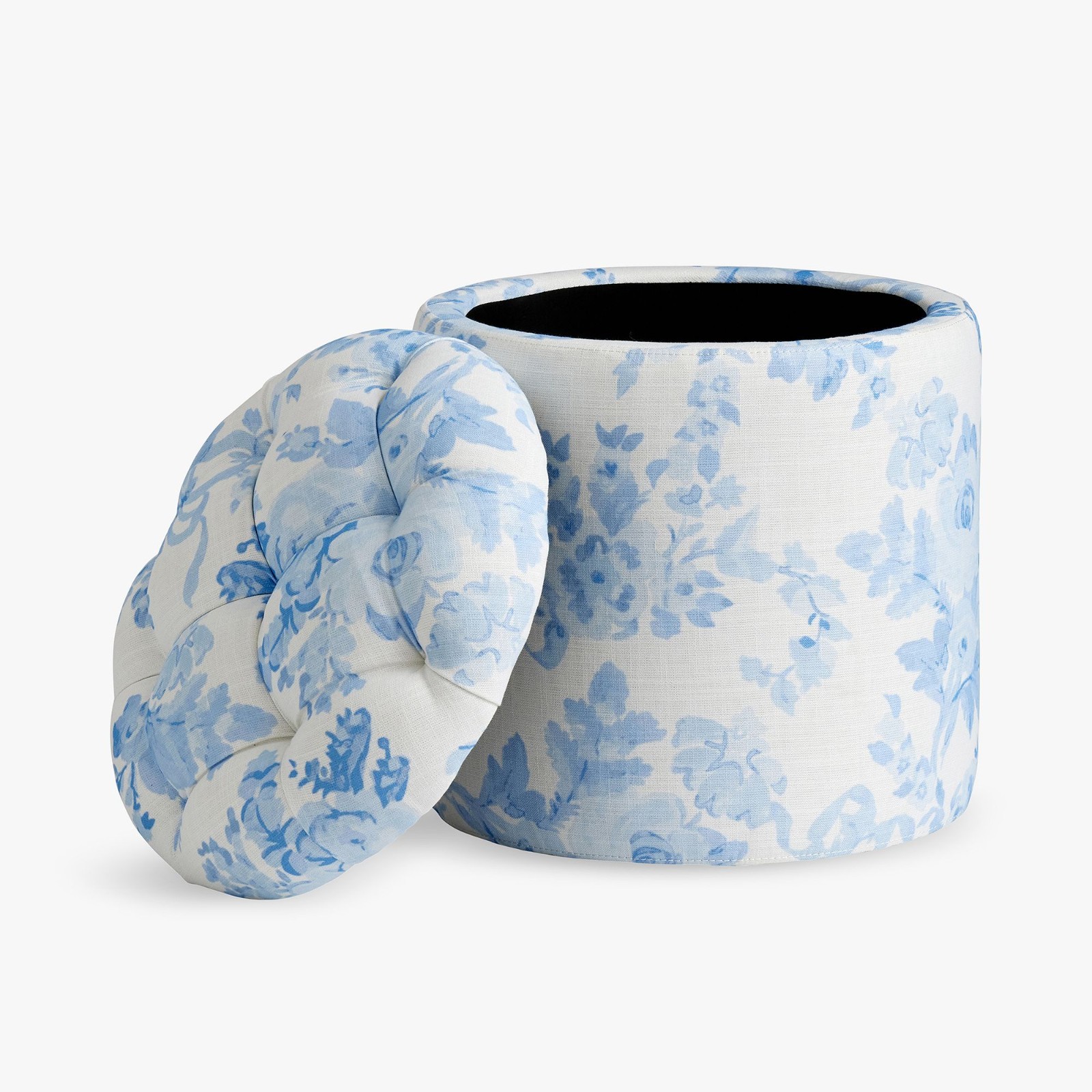 LoveShackFancy Tufted Round Storage Ottoman - Garden Damask Blue