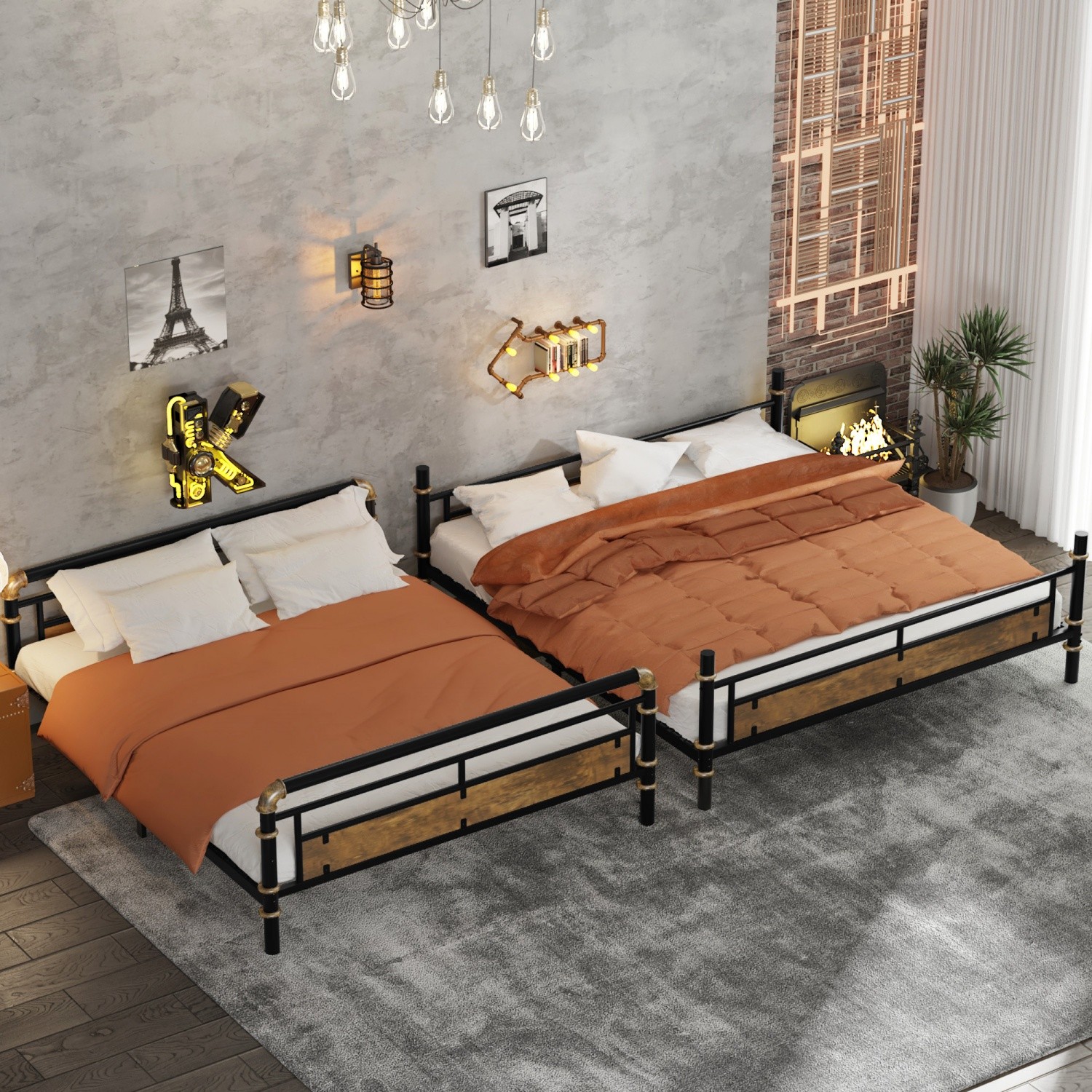 Full XL Over Queen Metal Bunk Bed Frame Convertible Into Two Single Bed Black