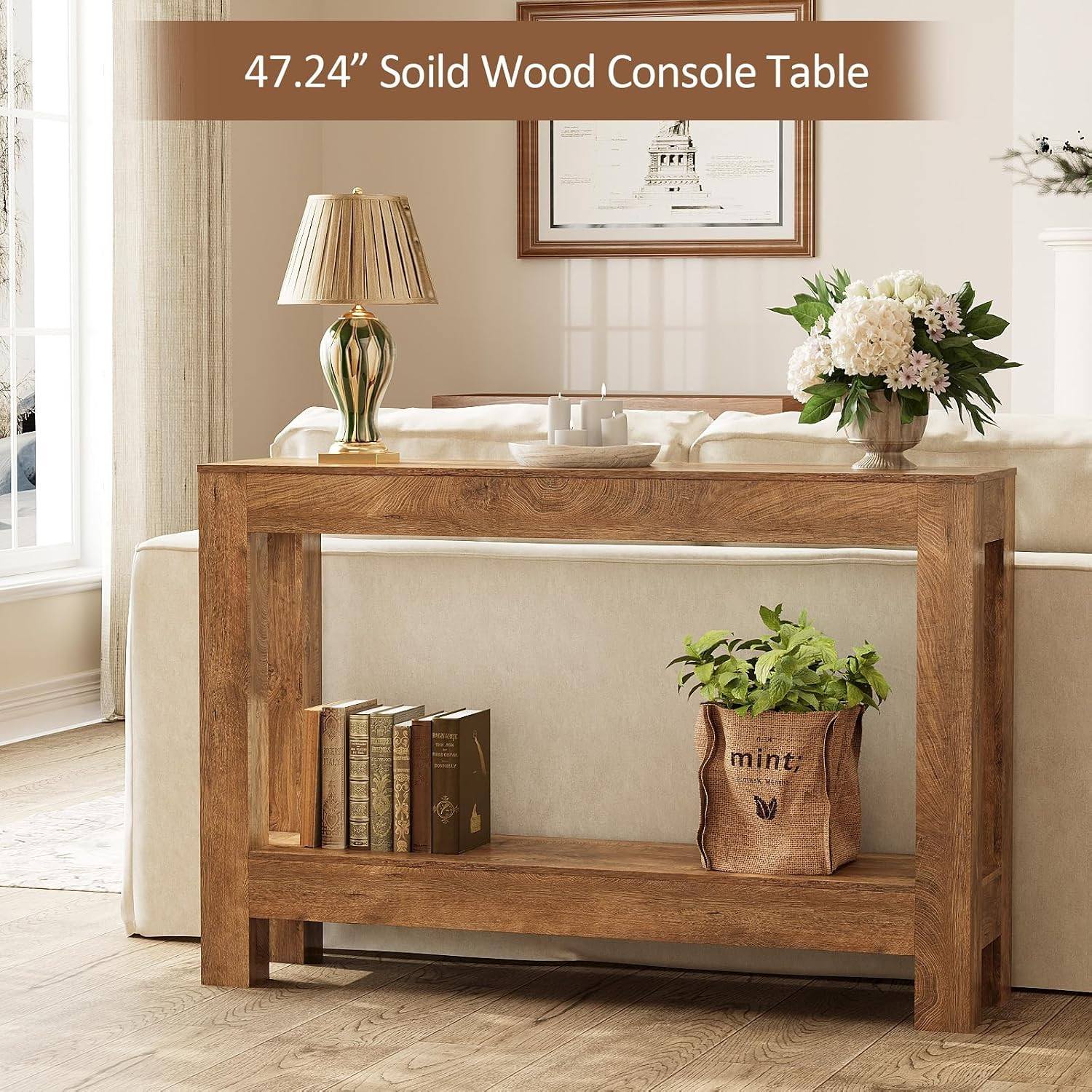 Farmhouse Console Table, 47 Inches Entryway Console Table, Wooden Rectangular So