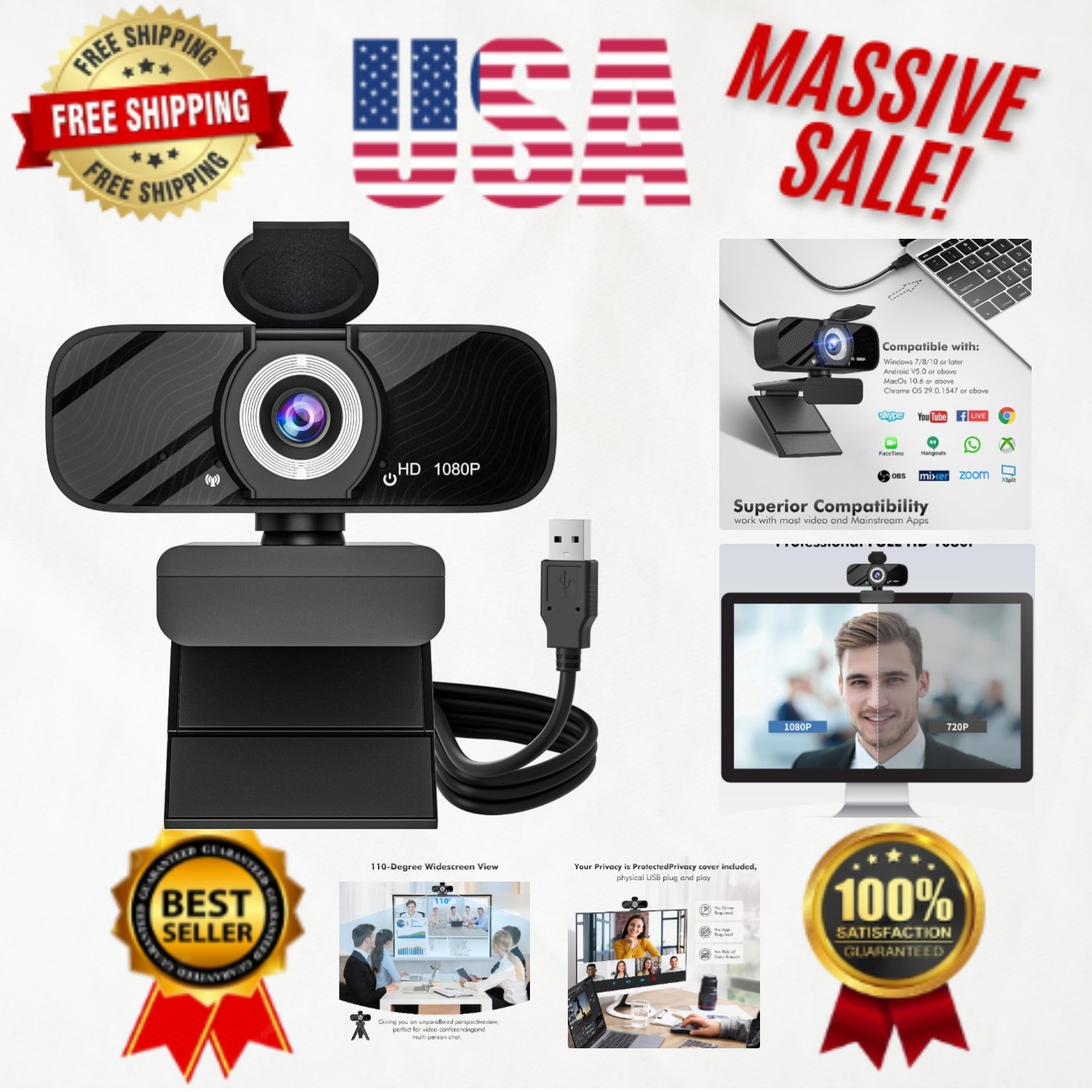 High-Definition USB Webcam with Tripod, Mic & Privacy Cover for Live Streaming