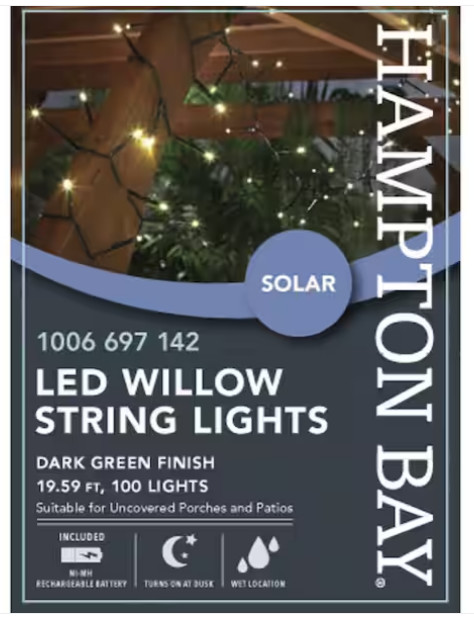 Hampton Bay Outdoor/Indoor Solar 100 Mini LED Bulb Willow String Light Free Ship