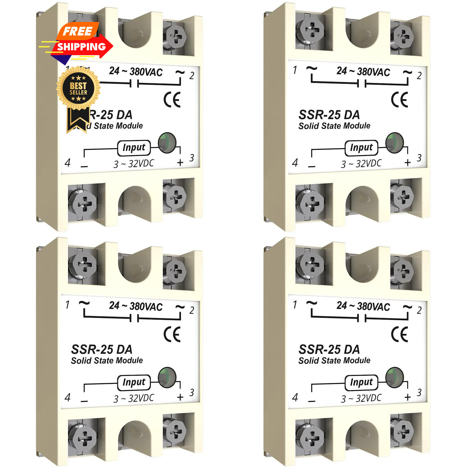 4PCS Solid State Relay ，MAKERELE SSR-25DA Input 3-32V DC to Output 25A-DA