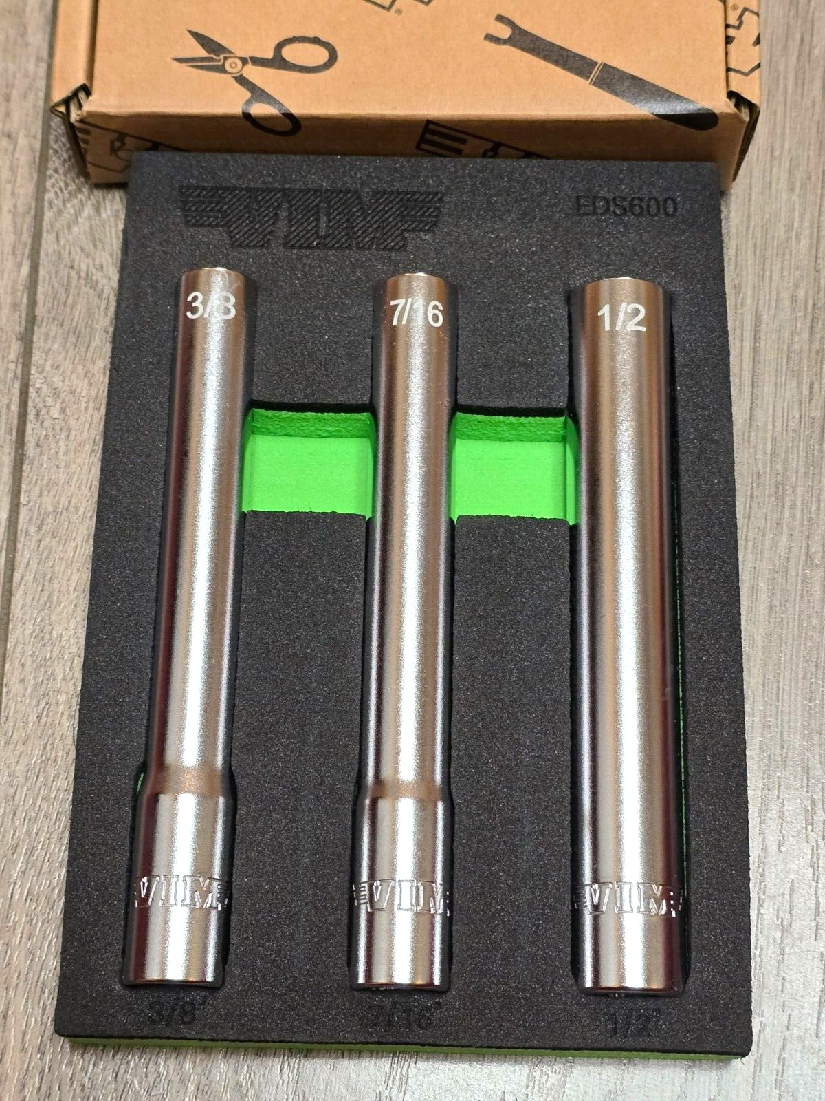 VIM Tools 3pc 3/8" dr 6 pt Extra Deep SAE Socket Set 3/8, 7/16 & 1/2 #EDS600