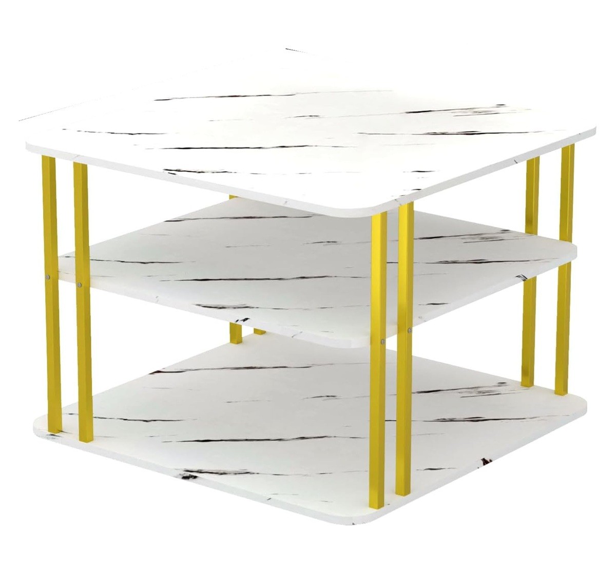 GOLDFAN 3Tier Modern Square Coffee Table White with Gold Metal Legs with Storage