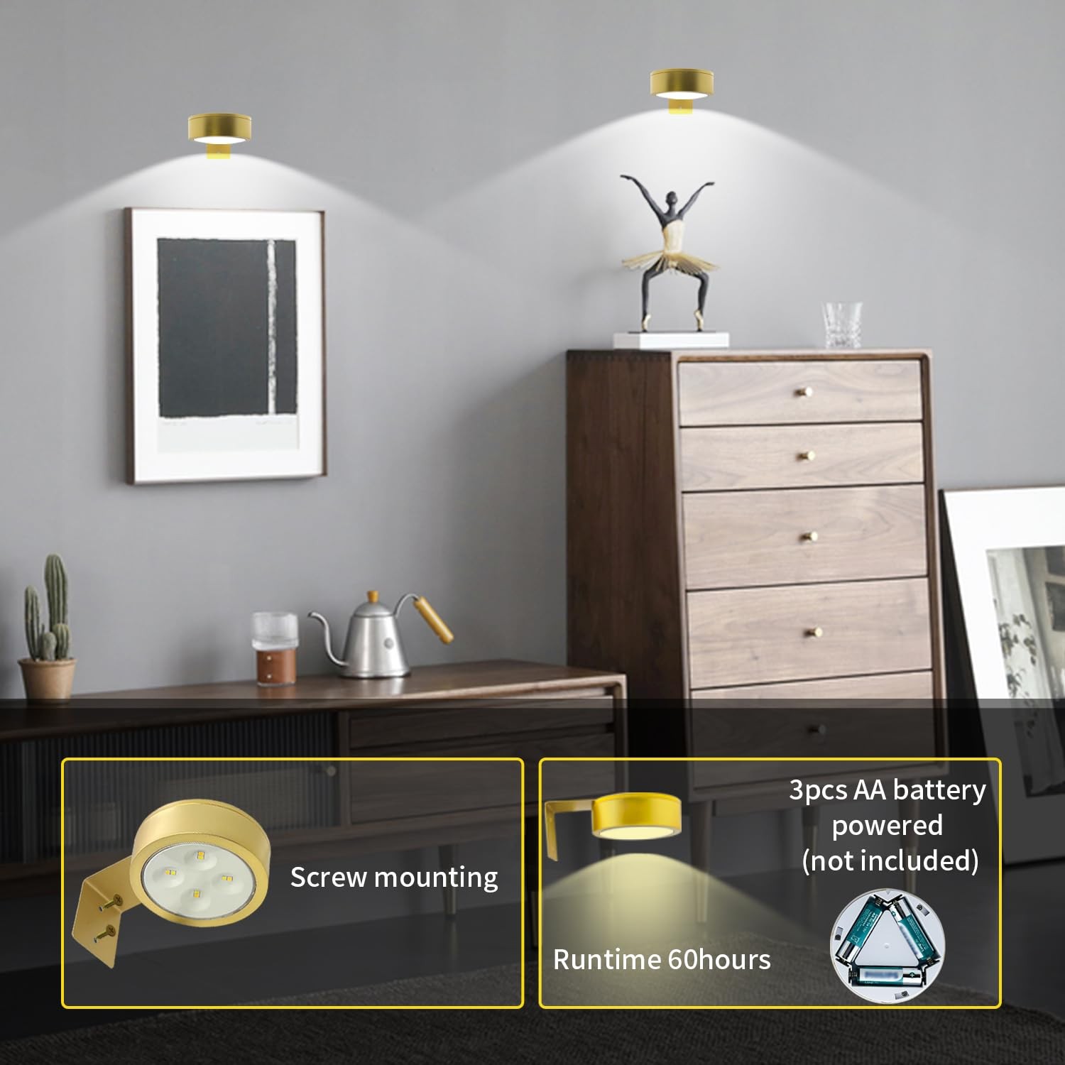 Battery Picture Light 3Pack Gold,Wireless Painting Light with Remote,3 Lighti...