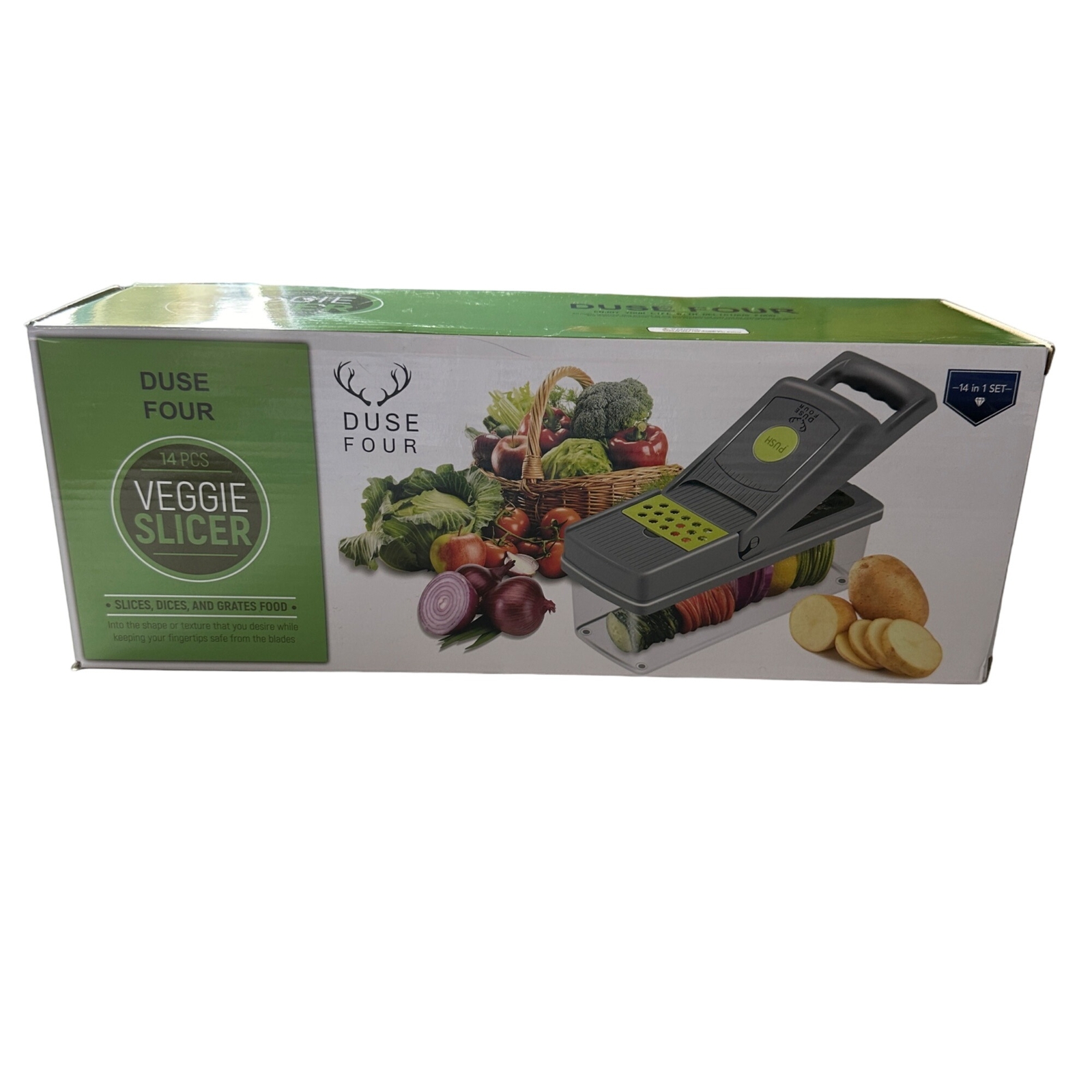 NEW IN BOX Duse Four 14 piece Veggie Slicer slices dices grates food 14 in 1 set
