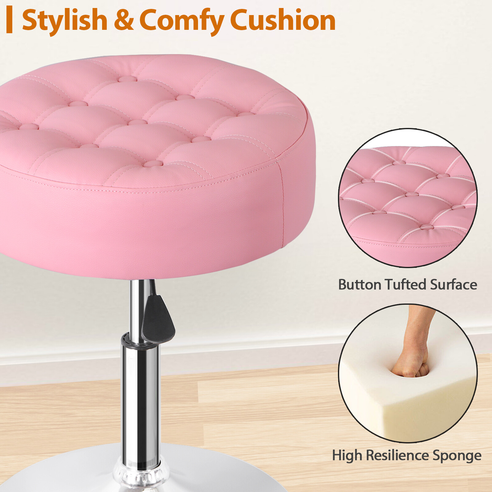 2 PCS Pink Vanity stool for Makeup Room Adjustable Height PU Leather Bar Stool