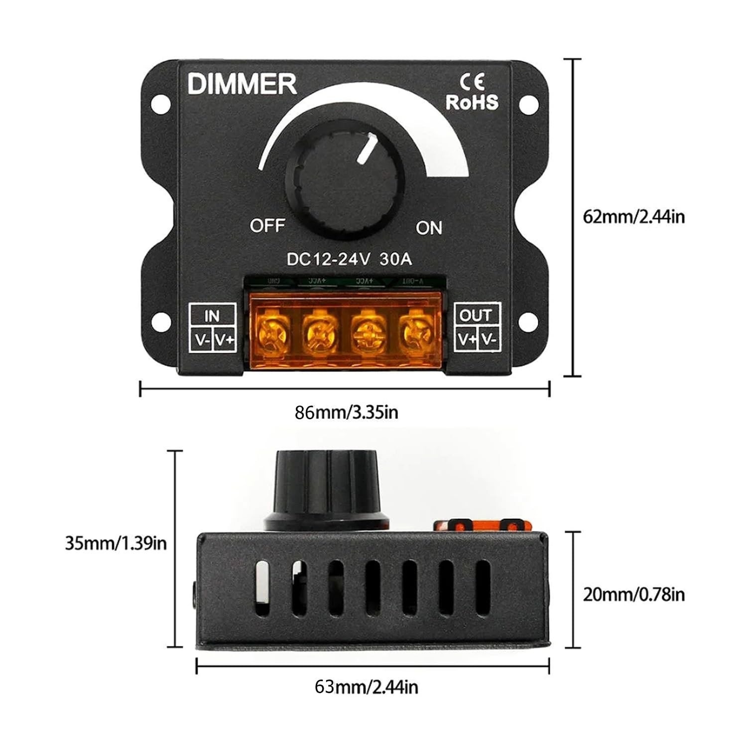 2Pack LED Dimmer Switch DC 12-24V 30A PWM Stepless Brightness Dimming Control...