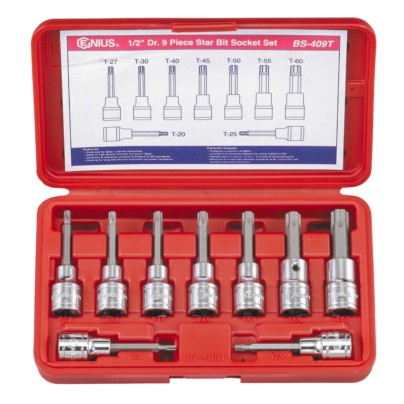 Genius Tools 9 Piece 1/2" Dr. Star Bit Socket Set - BS-409T