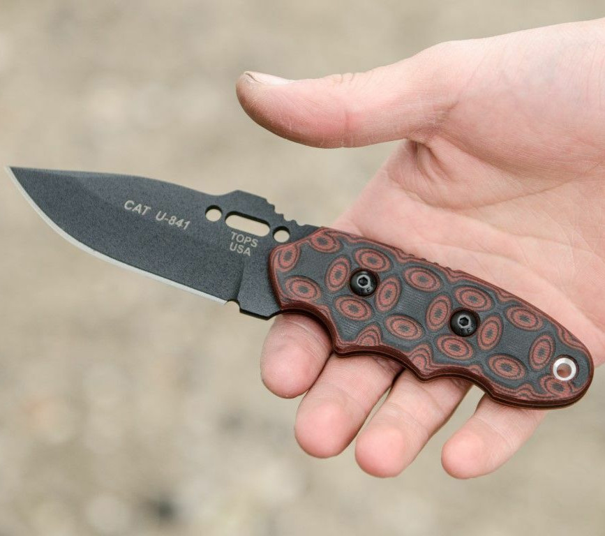 TOPS CAT-Covert Fixed Knife 3.25" 1095HC Steel Full Blade Red / Black G10 Handle