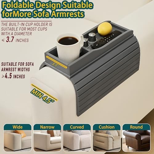 Bamboo Couch Cup Holder Arm Tray Table，Couch Drink Holder，Sofa Cup Holder Gray