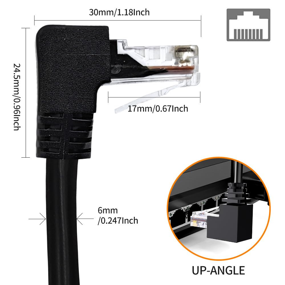 90 Degree Cat 6 Ethernet Cable Upward Angle 10FT RJ45 Network Patch Cord Down...