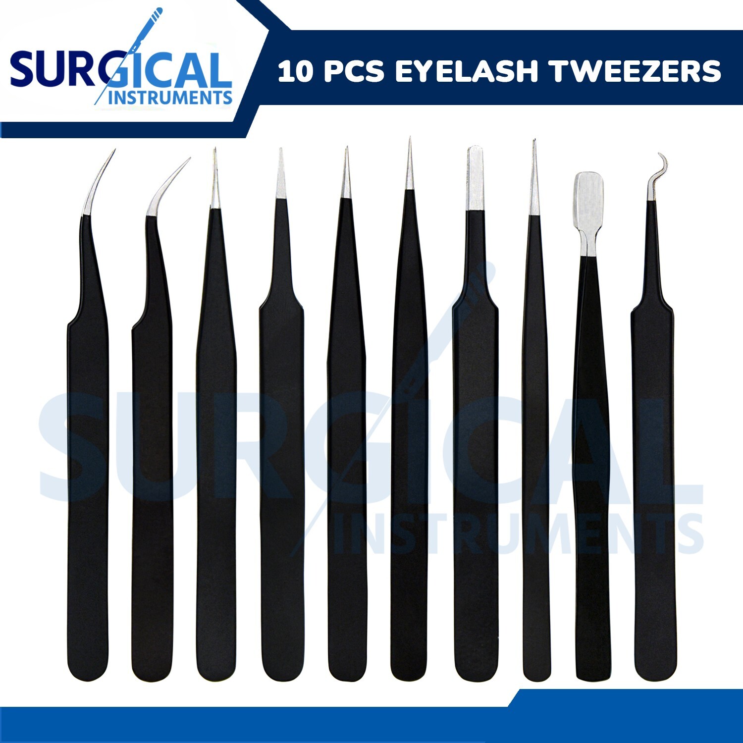 10 Pcs Eyelash Extension Tweezers Set Stainless Steel Anti-Static Black Color