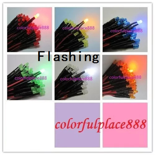 3mm Flashing 12V Pre-Wired Red Yellow Blue Green White Orange Diffused LED 20CM