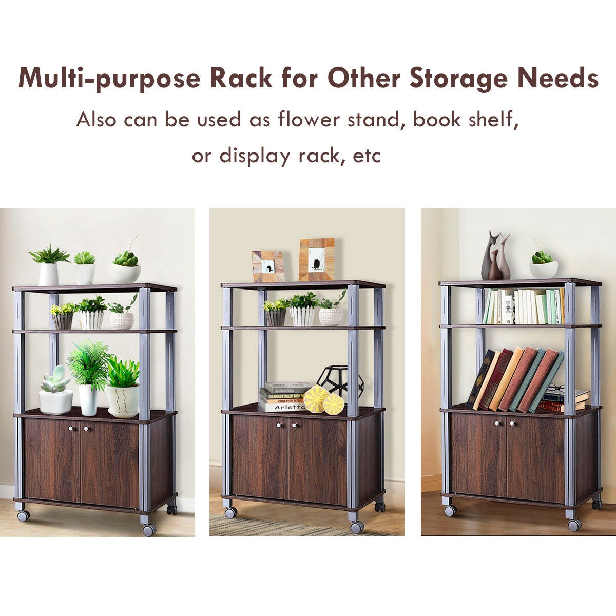 Bakers Rack Microwave Stand Rolling Storage Cart Multi-functional Display Walnut