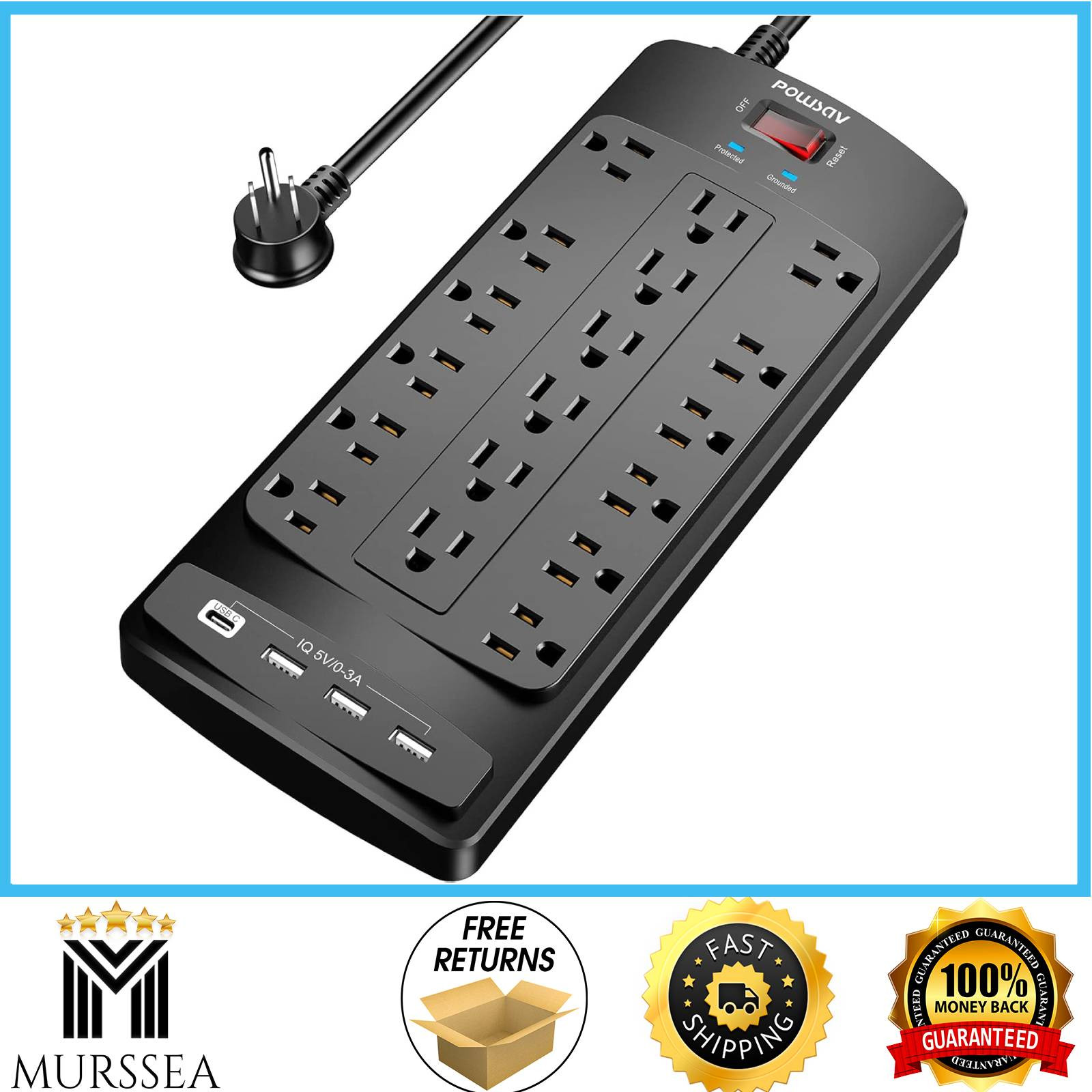 18 Outlets Surge Protector Power Strip - 6 Feet Flat Plug Heavy Duty Extension C